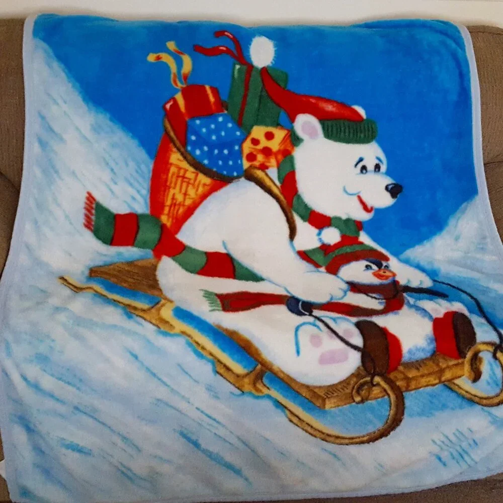 Polar Bear & Penguin on Sled Throw Blanket, Winter Mug